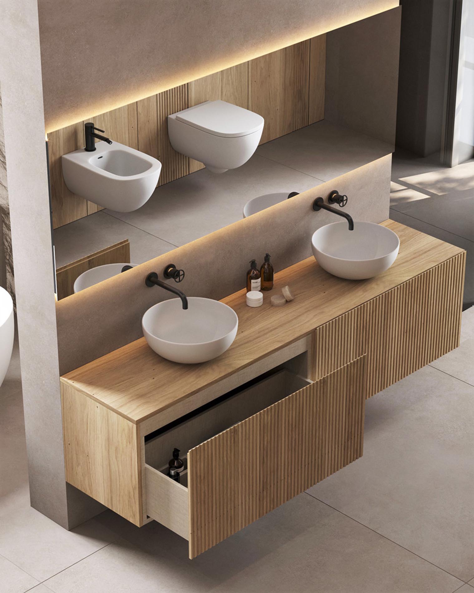 Muebles de baño en madera maciza de roble natural en Barcelona