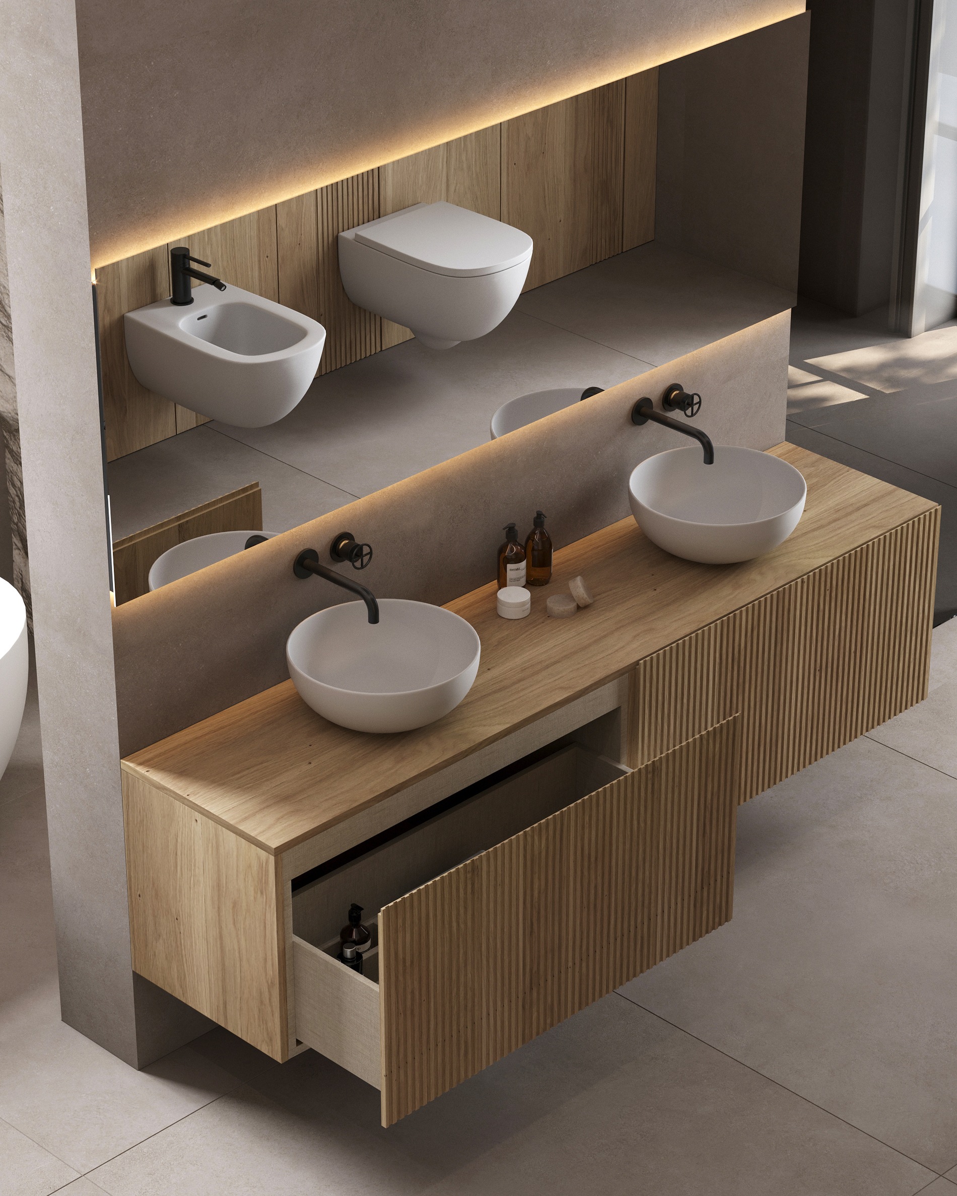 Siena: La colección de muebles de roble macizo que personaliza tu baño.